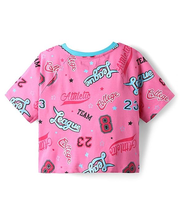Pine Kids Cotton Knit Half Raglan Sleeves T-Shirt With Atheletic Text Print - Pink