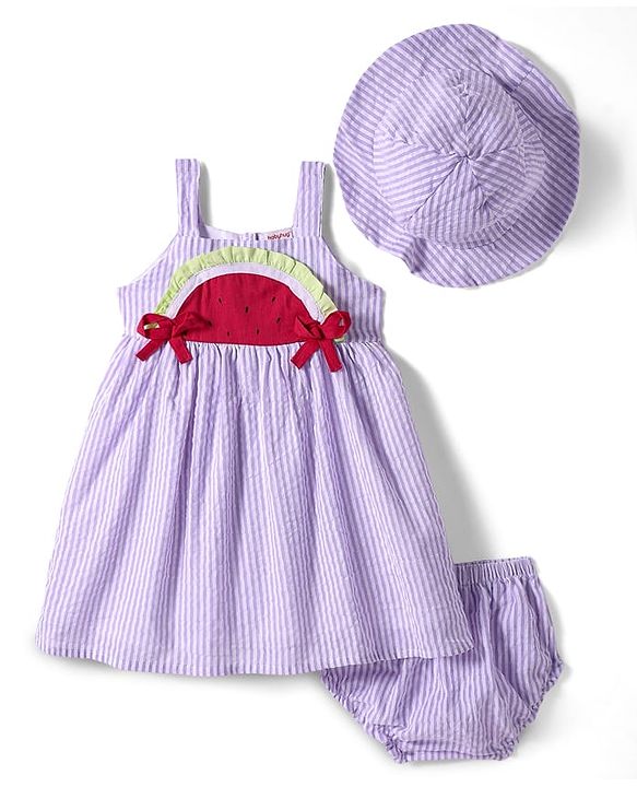 Babyhug Cotton Knit Sleeveless Striped Frock with Bloomer & Hat - Lilac