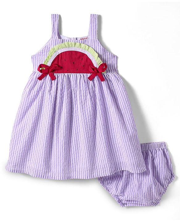 Babyhug Cotton Knit Sleeveless Striped Frock with Bloomer & Hat - Lilac