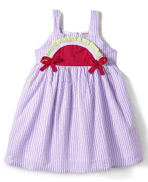 Babyhug Cotton Knit Sleeveless Striped Frock with Bloomer & Hat - Lilac