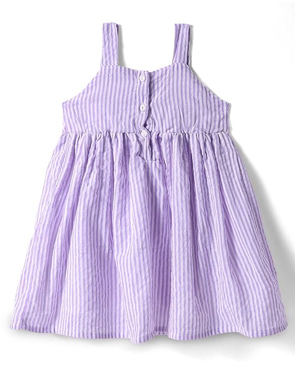 Babyhug Cotton Knit Sleeveless Striped Frock with Bloomer & Hat - Lilac