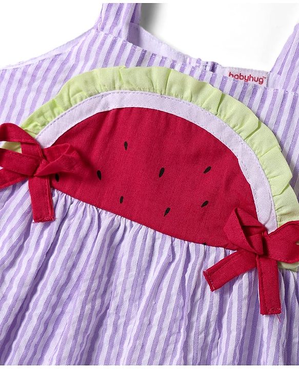 Babyhug Cotton Knit Sleeveless Striped Frock with Bloomer & Hat - Lilac