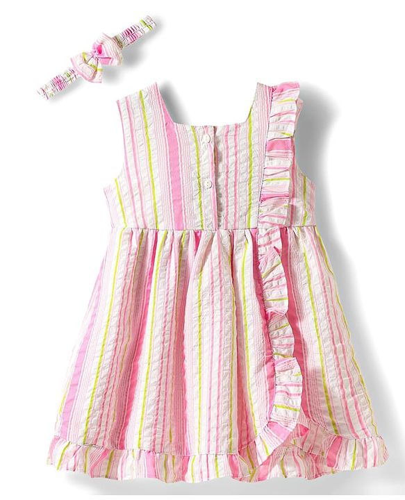 Babyhug Single Jersey Knit Sleeveless Striped Frock with Headband with Frill Detailing - Pink