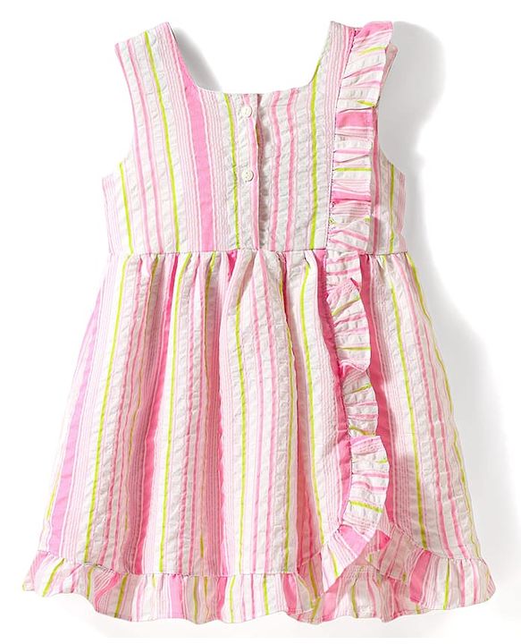 Babyhug Single Jersey Knit Sleeveless Striped Frock with Headband with Frill Detailing - Pink