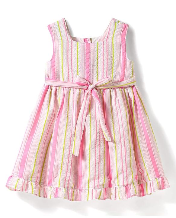 Babyhug Single Jersey Knit Sleeveless Striped Frock with Headband with Frill Detailing - Pink