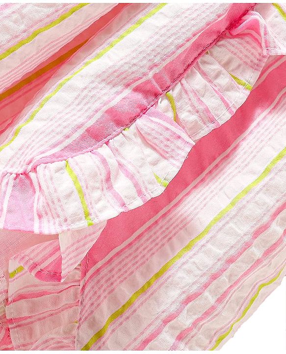 Babyhug Single Jersey Knit Sleeveless Striped Frock with Headband with Frill Detailing - Pink