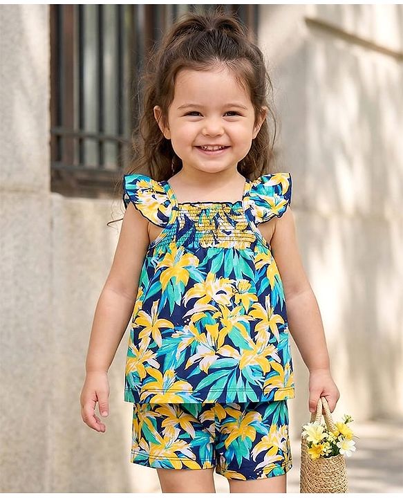 Babyhug Single Jersey Knit Frill Sleeves Co-ords Top & Shorts Set with Floral Print & Fabric Belt - Navy Blue