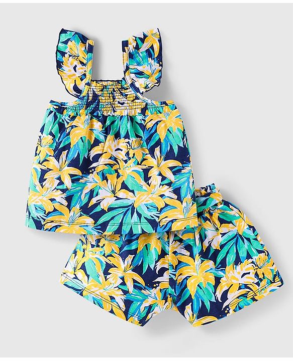 Babyhug Single Jersey Knit Frill Sleeves Co-ords Top & Shorts Set with Floral Print & Fabric Belt - Navy Blue