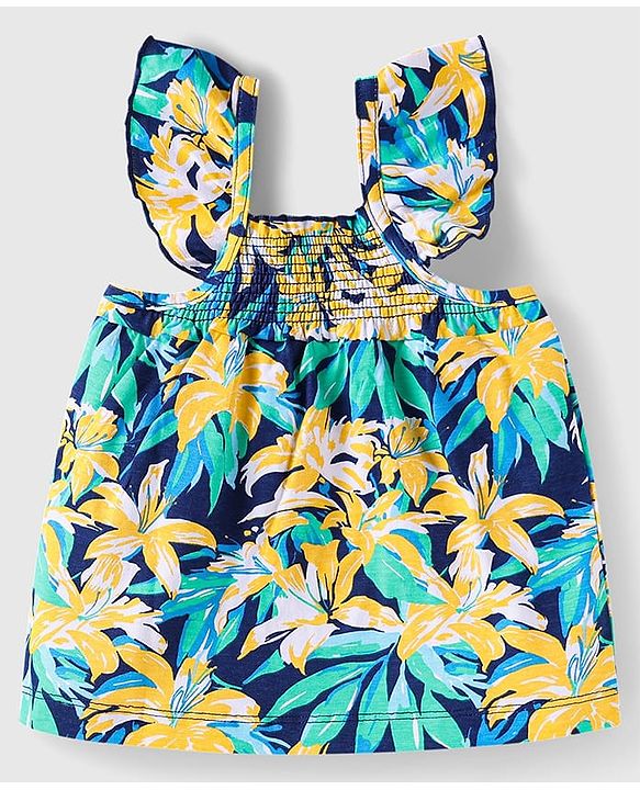 Babyhug Single Jersey Knit Frill Sleeves Co-ords Top & Shorts Set with Floral Print & Fabric Belt - Navy Blue