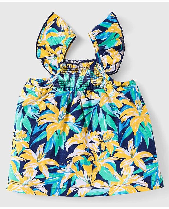 Babyhug Single Jersey Knit Frill Sleeves Co-ords Top & Shorts Set with Floral Print & Fabric Belt - Navy Blue