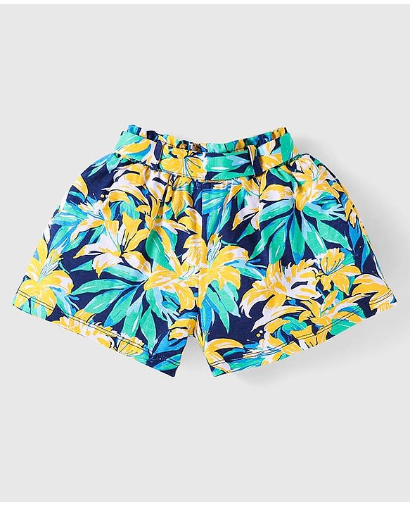 Babyhug Single Jersey Knit Frill Sleeves Co-ords Top & Shorts Set with Floral Print & Fabric Belt - Navy Blue