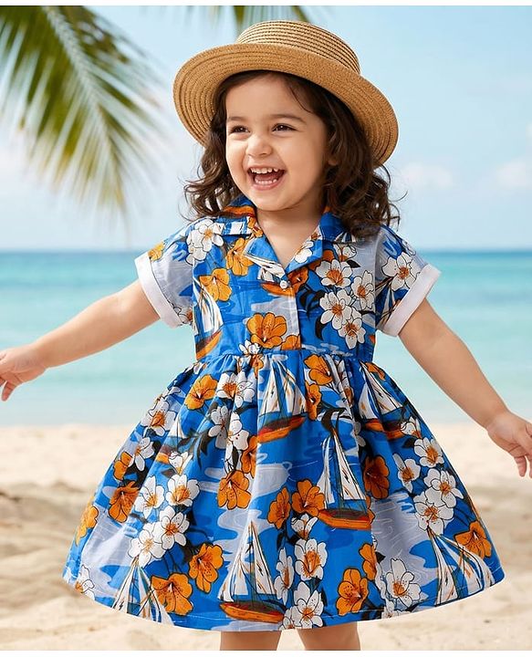 Babyhug Single Jersey Knit Half Sleeves Collared Frock with Floral Print - Blue