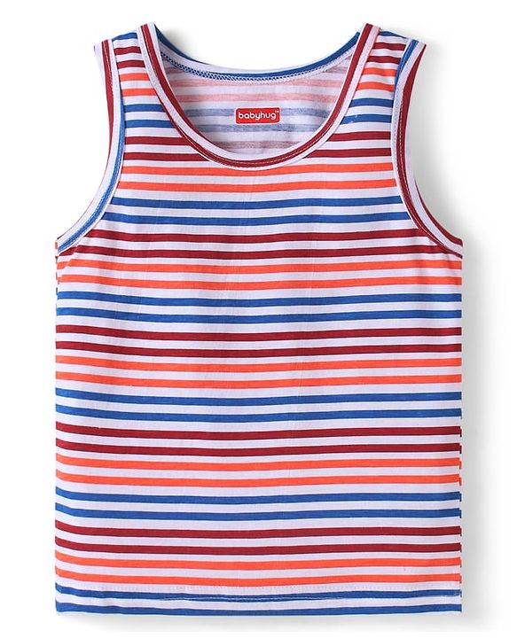 Babyhug 100 % Cotton Knit Sleeveless Sando with Stripes - Blue & Red & White