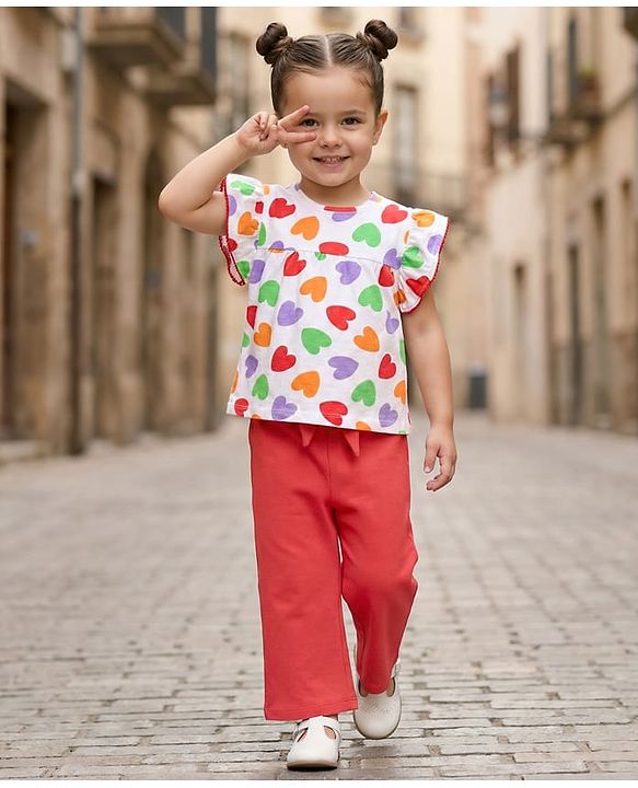 Babyhug Single Jersey Knit Frill Sleeves Top & Legging Set With Heart Print & Bow Applique - White & Red