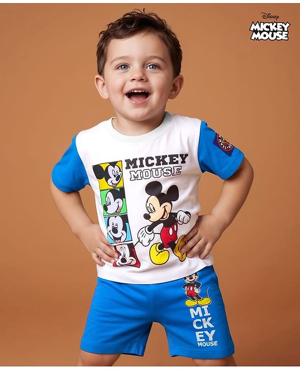 Babyhug Disney Single Jersey Knit Half Sleeves T-Shirt & Shorts Set With Mickey Mouse Graphics - White & Blue