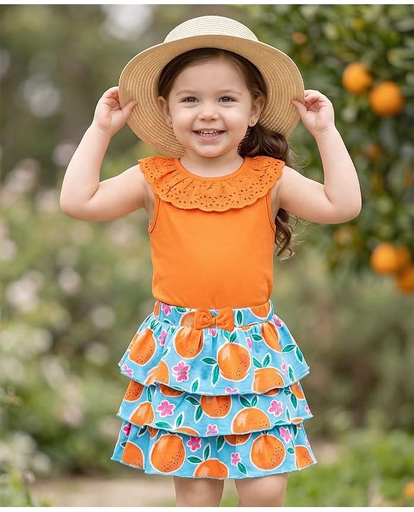Babyhug Single Jersey Knit Sleeveless Top & Frill Skirts Set with Orange Print - Orange & Blue