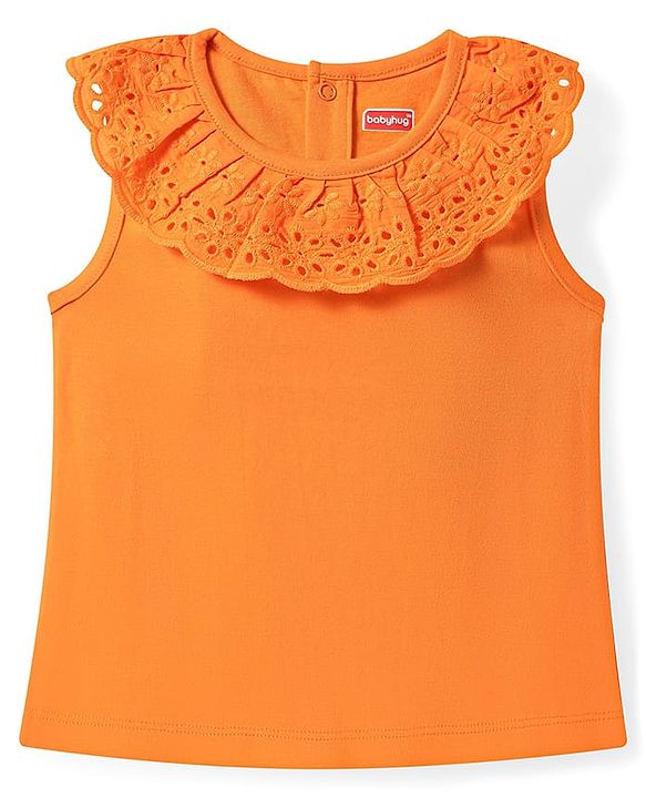 Babyhug Single Jersey Knit Sleeveless Top & Frill Skirts Set with Orange Print - Orange & Blue