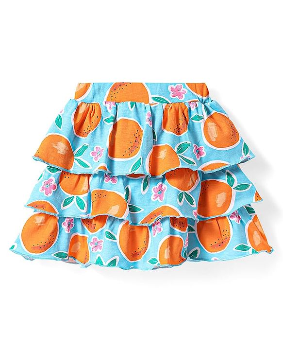 Babyhug Single Jersey Knit Sleeveless Top & Frill Skirts Set with Orange Print - Orange & Blue