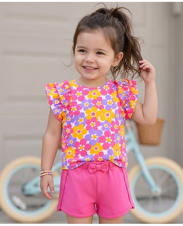Babyhug Single Jersey Knit Frill Sleeves Top & Shorts Set With Floral Print & Bow Applique - White & Dark Pink