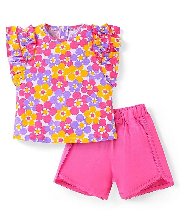 Babyhug Single Jersey Knit Frill Sleeves Top & Shorts Set With Floral Print & Bow Applique - White & Dark Pink