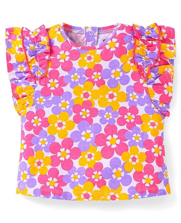 Babyhug Single Jersey Knit Frill Sleeves Top & Shorts Set With Floral Print & Bow Applique - White & Dark Pink