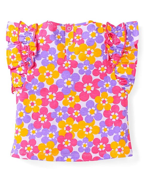 Babyhug Single Jersey Knit Frill Sleeves Top & Shorts Set With Floral Print & Bow Applique - White & Dark Pink