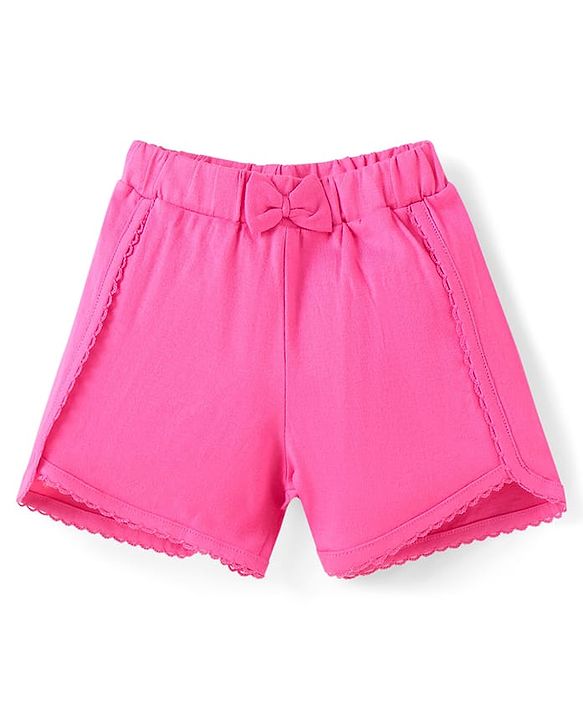 Babyhug Single Jersey Knit Frill Sleeves Top & Shorts Set With Floral Print & Bow Applique - White & Dark Pink