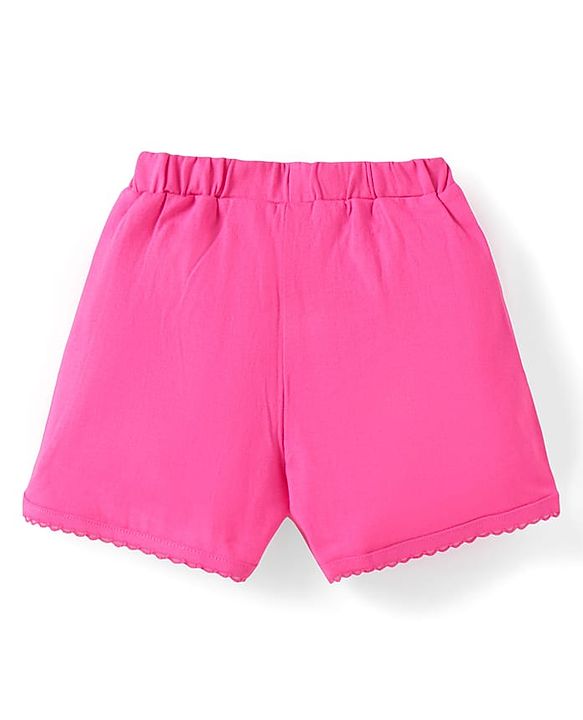 Babyhug Single Jersey Knit Frill Sleeves Top & Shorts Set With Floral Print & Bow Applique - White & Dark Pink