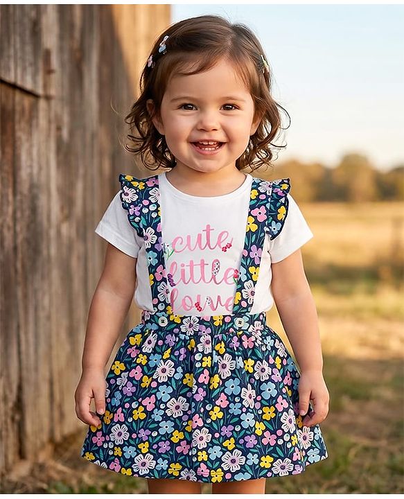 Babyhug Single Jersey Knit Cap Sleeves Top & Skirt Set With Floral Print & Attached Suspender - White & Navy Blue