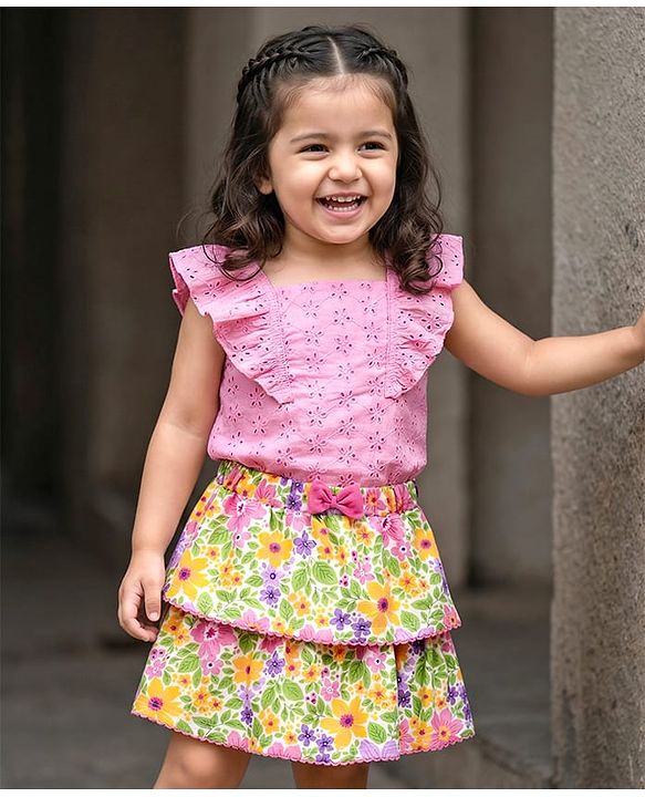 Babyhug Single Jersey Knit Frill Sleeves Chifilli Top & Layered Skirt Set with Floral Print - Yellow & Pink