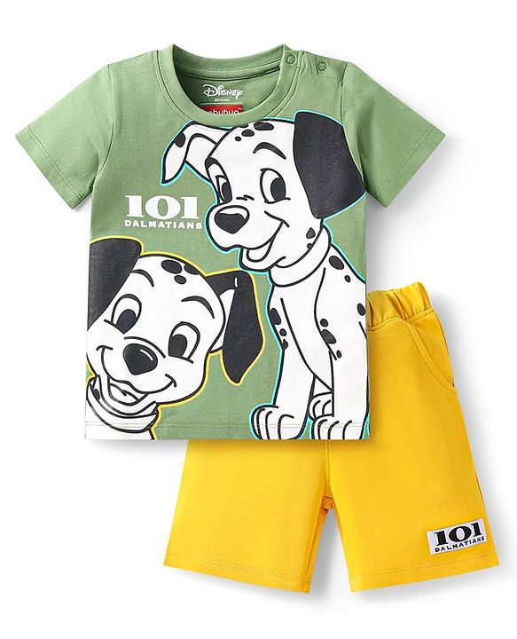 Babyhug Disney Single Jersey Knit Half Sleeves T-Shirt & Shorts Set with 101 Dalmatian Graphics - Olive Green & Yellow