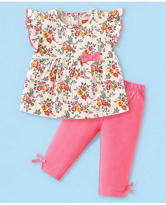 Babyhug Single Jersey Knit Frill Sleeves Floral Printed Top & Capri Set with Bow Applique - Pink