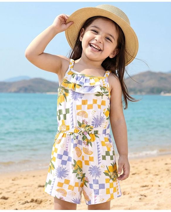 Babyhug Cotton Knit Sleeveless Jumpsuit with Tropical Theme Print - White