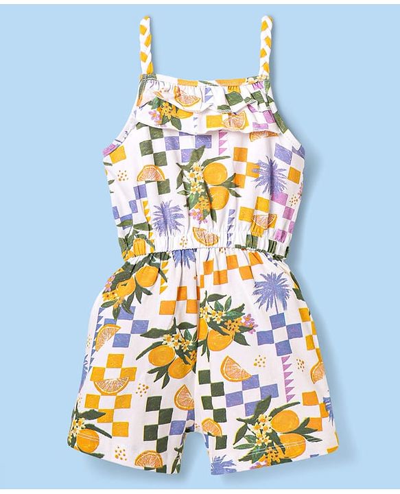 Babyhug 100% Cotton Knit Sleeveless Jumpsuit with Tropical Theme Print - White