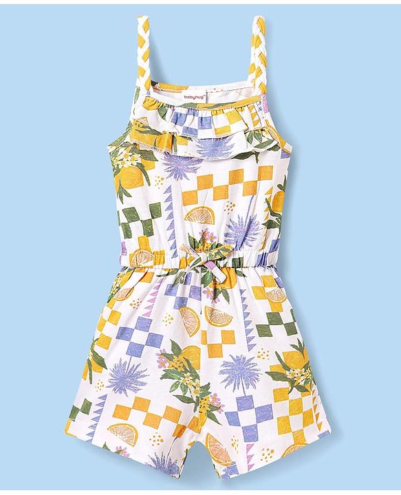 Babyhug 100% Cotton Knit Sleeveless Jumpsuit with Tropical Theme Print - White