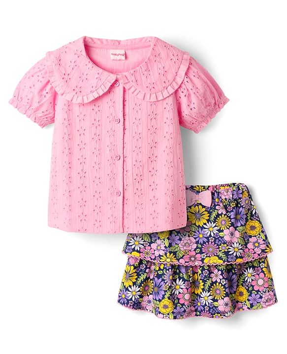 Babyhug Single Jersey Knit Half Puffed Sleeves Chifilli Top & Layered Skirt Set with Floral Print - Navy Blue & Pink