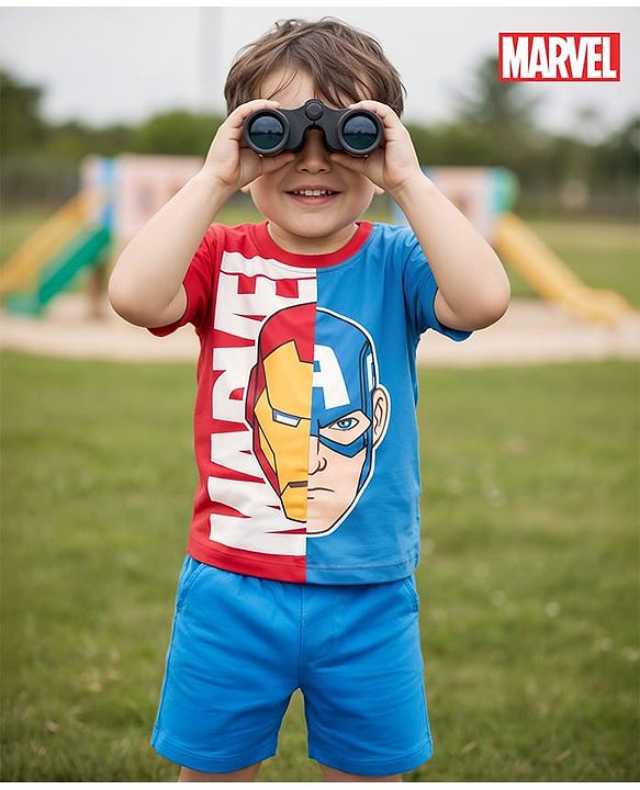 Babyhug Marvel Single Jersey Knit Half Sleeves T-Shirt & Shorts Set With Avengers Graphics - Red & Blue