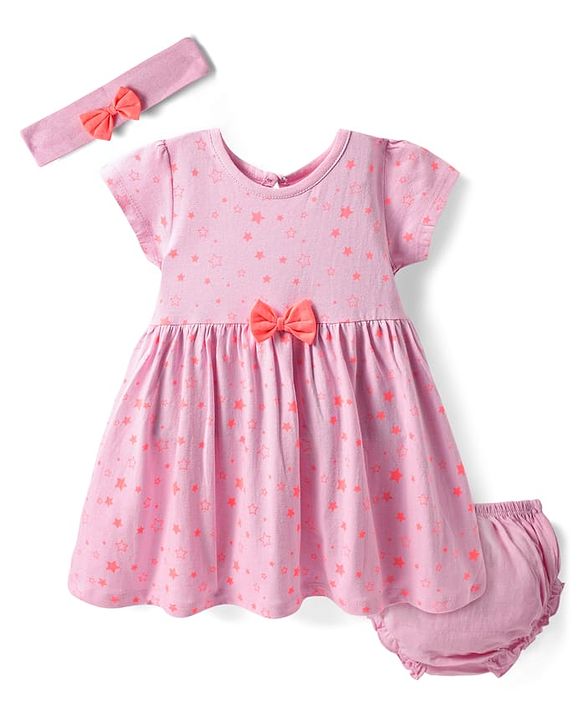 Babyhug Single Jersey Knit Half Sleeves Stars Printed Frock with Bloomer Headband & Bow Applique - Pink