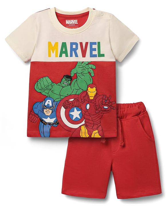 Babyhug Marvel Single Jersey Knit Half Sleeve Cut & Sew T-Shirt & Short Set With Avengers Graphic - Red & Offwhite