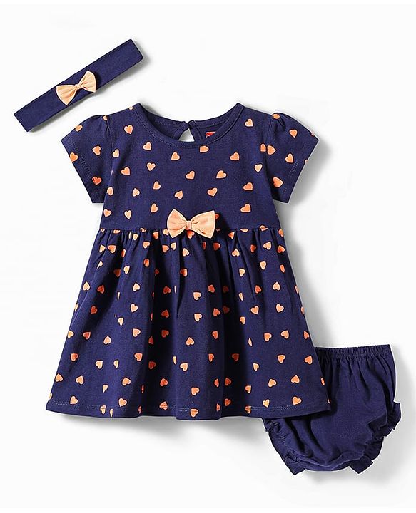 Babyhug Single Jersey Knit Half Sleeves Anti Bacterial Heart Printed Frock with  Bow Applique Bloomer & Headband - Navy Blue