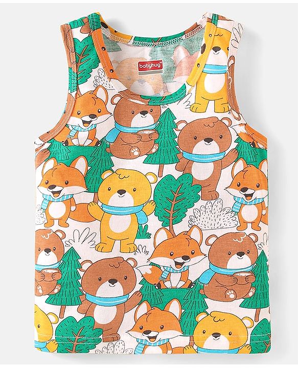 Babyhug 100% Cotton Knit Sleeveless Sando with Bear Print - White Yellow & Brown