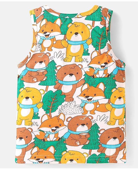 Babyhug 100% Cotton Knit Sleeveless Sando with Bear Print - White Yellow & Brown