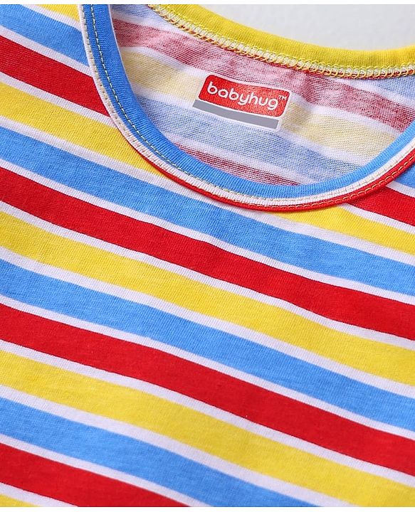 Babyhug 100 % Cotton Knit Sleeveless Sando with Stripes - Blue & Red & Yellow
