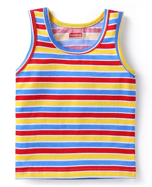 Babyhug 100 % Cotton Knit Sleeveless Sando with Stripes - Blue & Red & Yellow