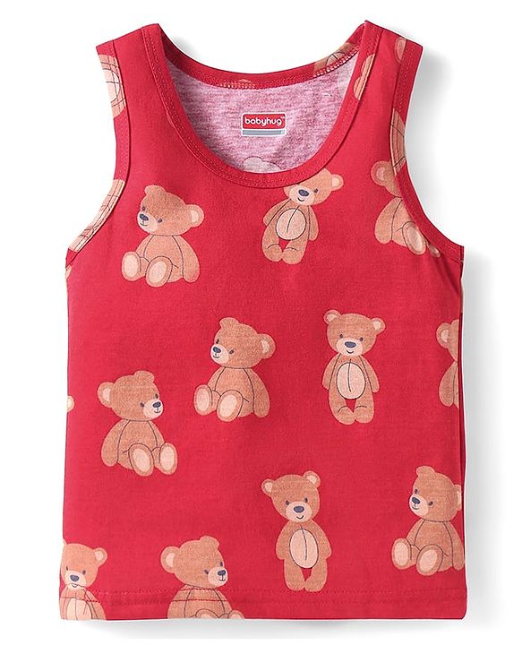 Babyhug 100% Cotton Knit Sleeveless Sando with Bear Print - Red