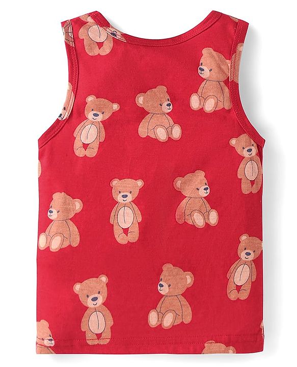 Babyhug 100% Cotton Knit Sleeveless Sando with Bear Print - Red