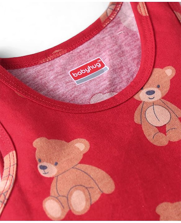Babyhug 100% Cotton Knit Sleeveless Sando with Bear Print - Red