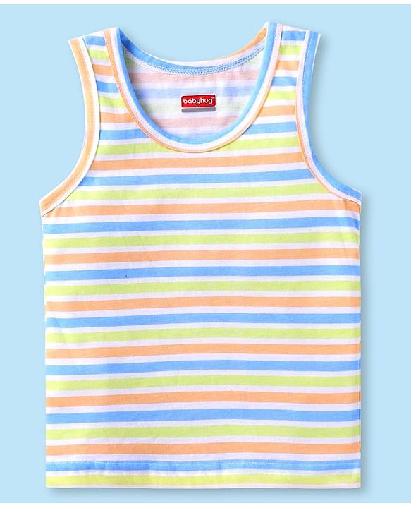 Babyhug 100 % Cotton Knit Sleeveless Sando with Stripes - Blue & Peach & Green