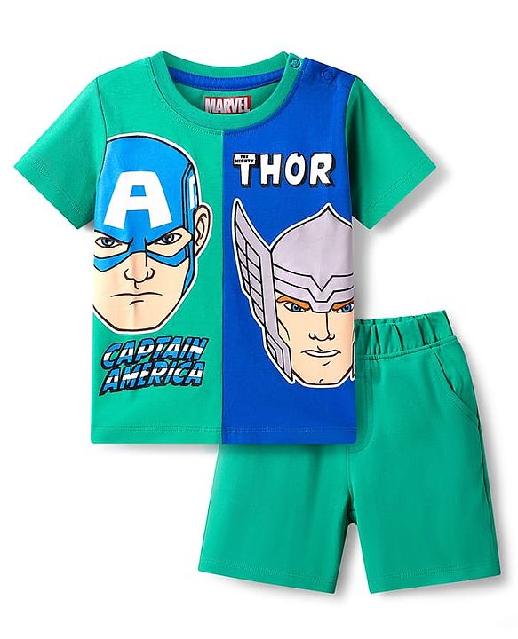 Babyhug Marvel Half Sleeves Cut & Sew T-Shirt & Shorts Set with Avengers Graphics- Green