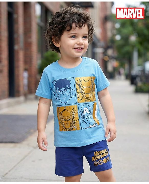 Babyhug Marvel Single Jersey Knit Half Sleeves T-Shirt & Shorts Set With Avengers Graphics & Gold Foil Detailing - Blue